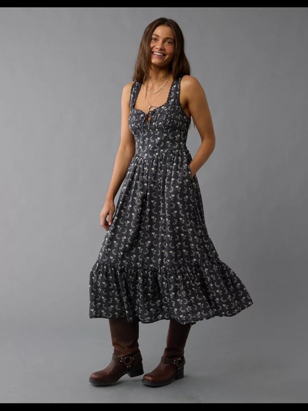 American Eagle Corset Floral Tie-Front Midi Dress in Dark Blue